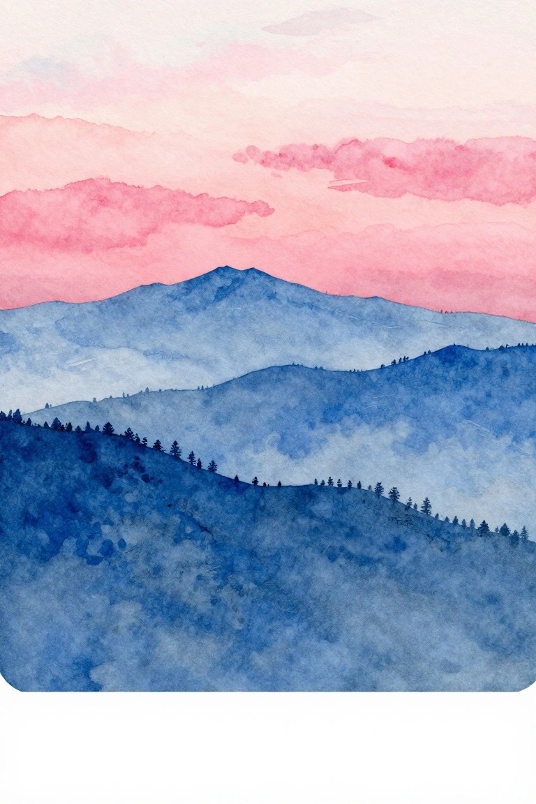Watercolor of layered blue mountains with trees under pink-purple skies
