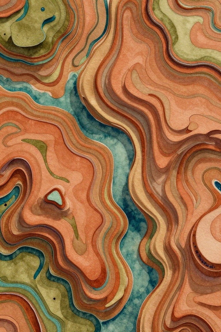 Watercolor painting of layered wavy contour shapes in orange, teal, green, and brown tones.