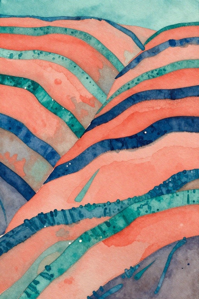 Abstract watercolor with flowing wavy bands in coral, teal, and navy blue.