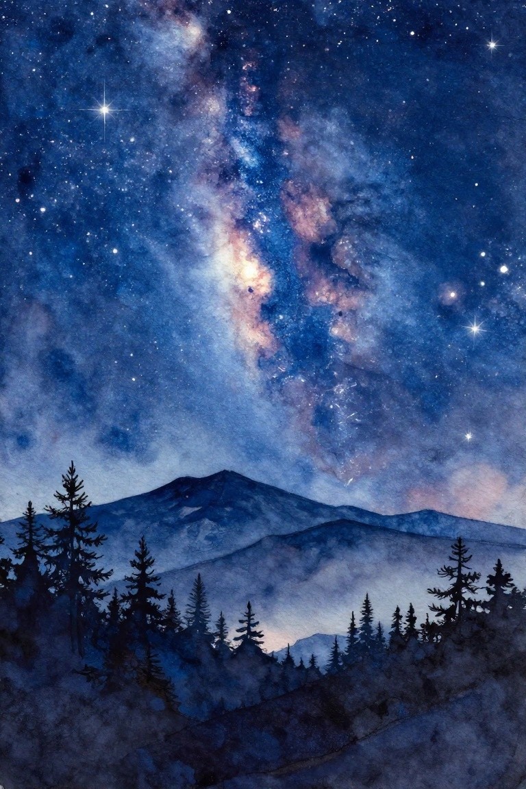 Watercolor of starry night sky with Milky Way over silhouetted mountains and pine trees.