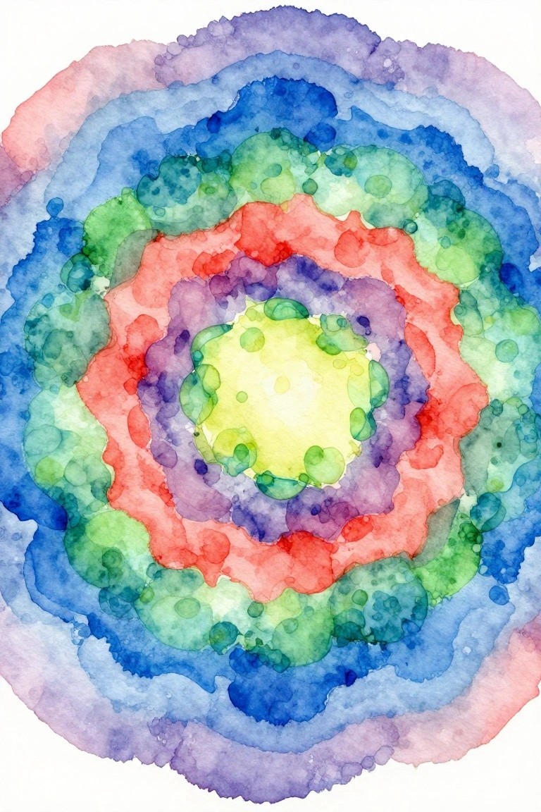 Vibrant watercolor mandala with concentric rainbow rings and bubble textures.