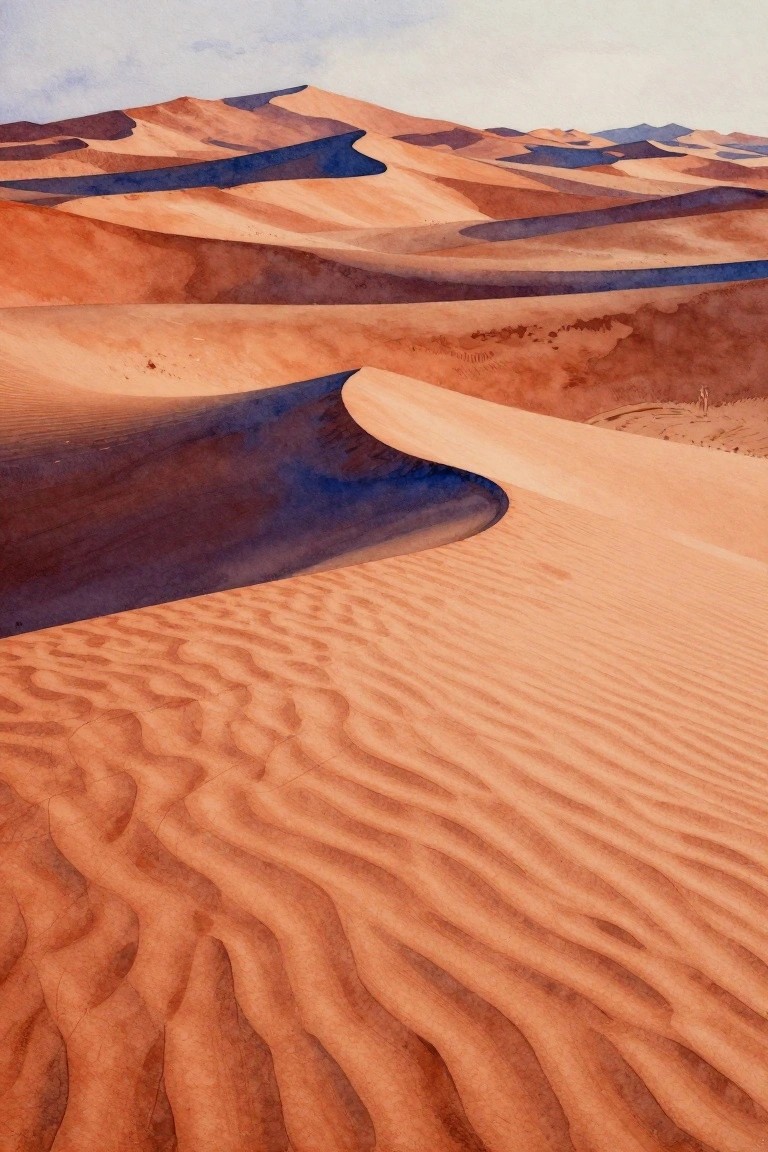 A watercolor-style painting of large sand dunes with orange and brown surfaces and long blue shadows under a pale sky.