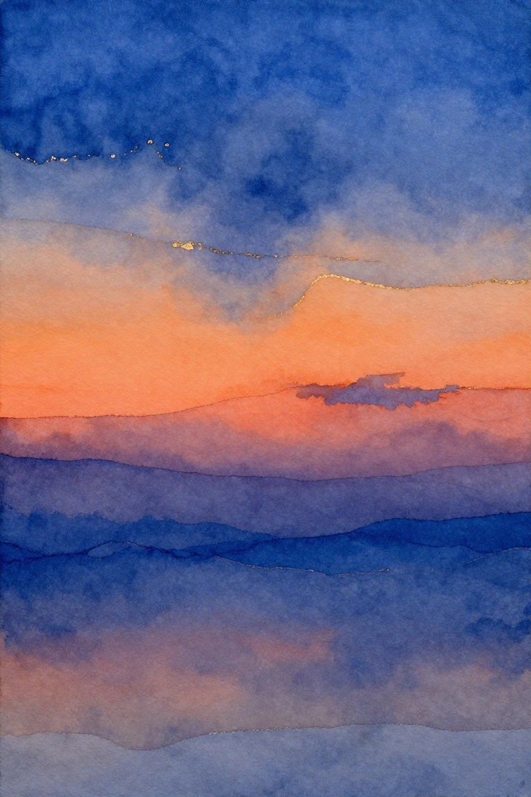 Watercolor seascape of orange sunset sky over layered blue-purple waves with gold accents.