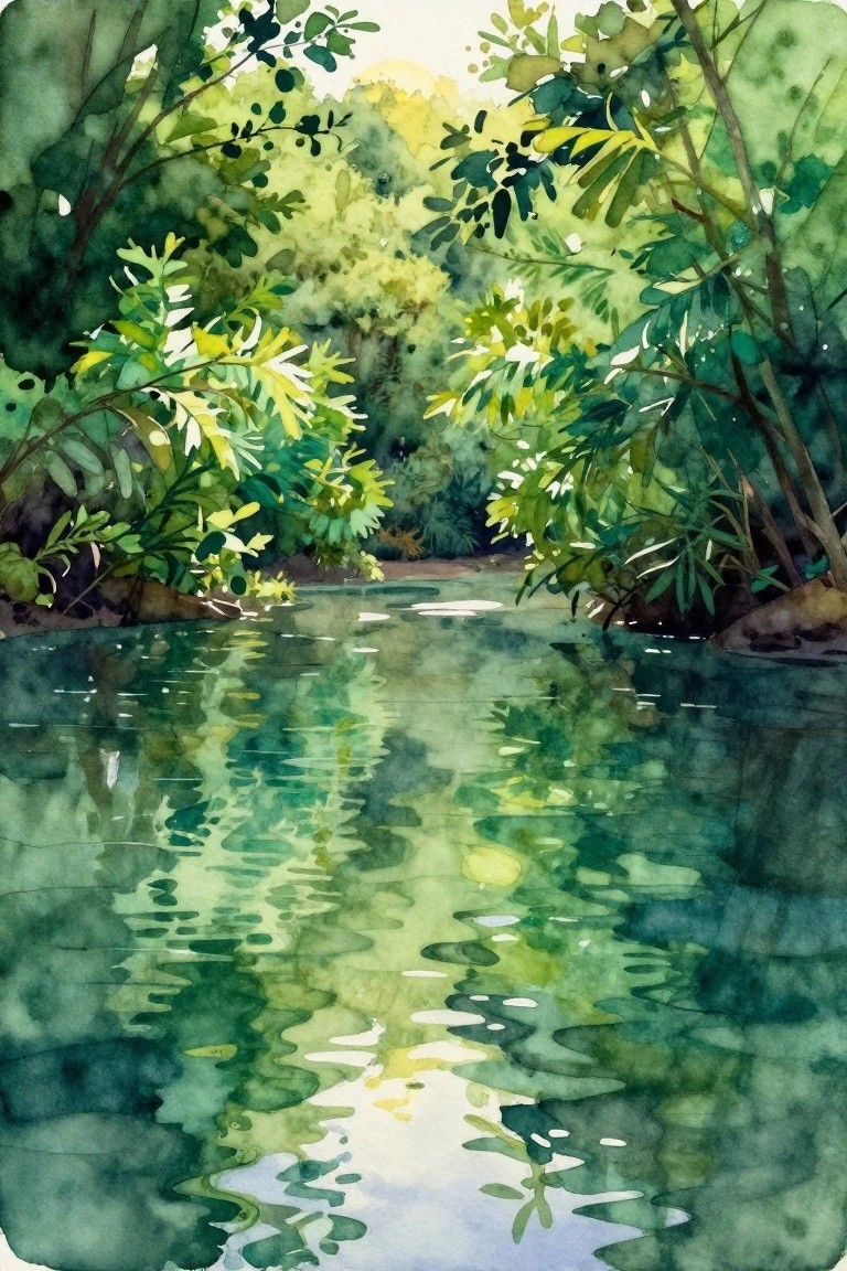 Lush green jungle foliage reflected in calm sunlit river, watercolor style.
