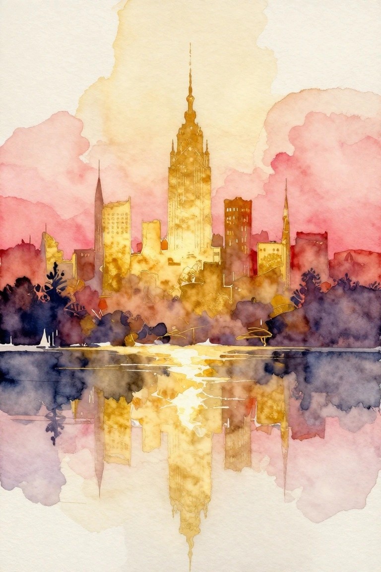 Watercolor city skyline with golden skyscrapers reflected in pink water at sunset.