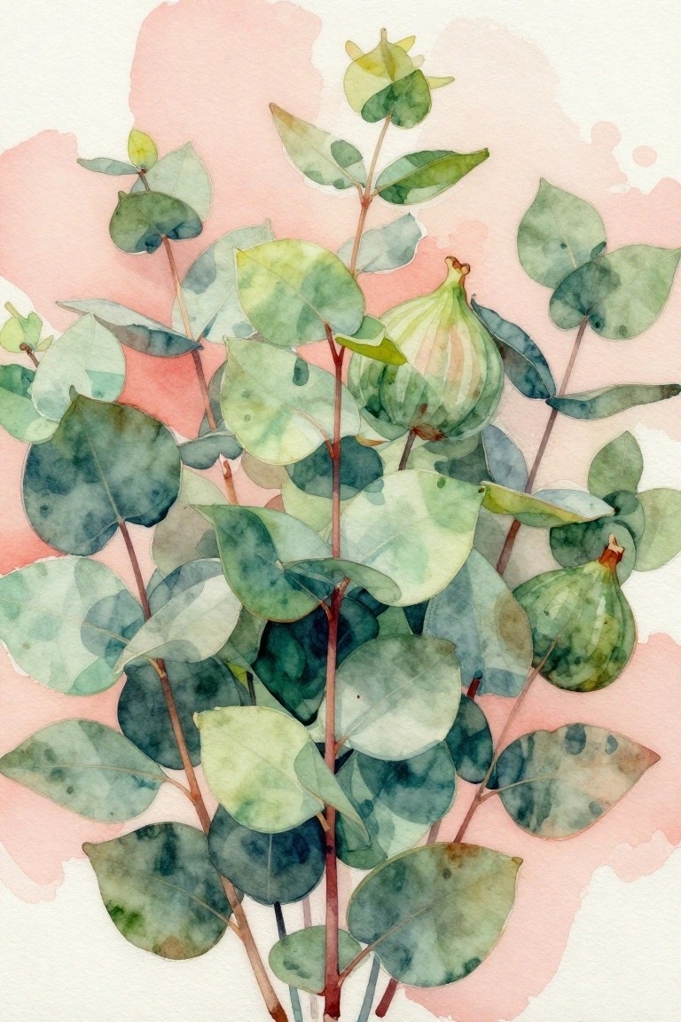 Watercolor eucalyptus branches with green leaves and rounded buds on pink background.