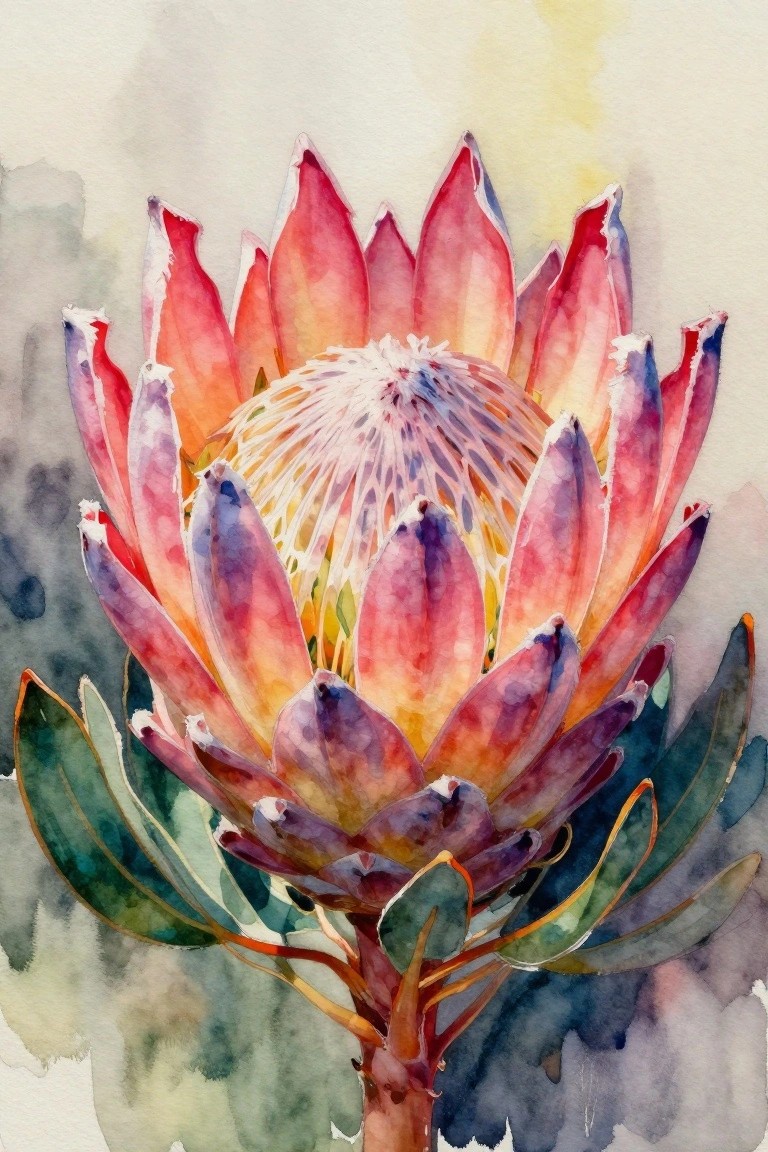 Watercolor of vibrant pink-orange protea flower with spiky center and green leaves.