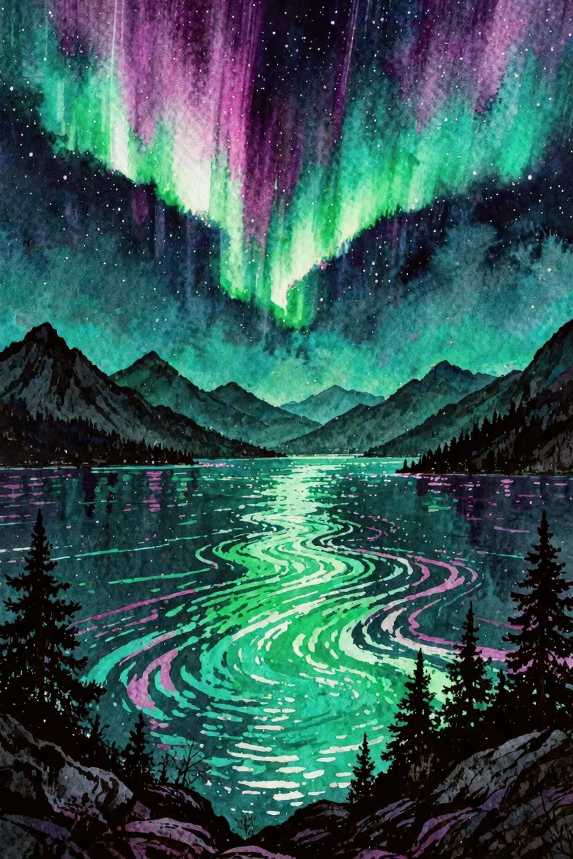 Watercolor of vibrant aurora borealis over mountains with swirling lake reflections