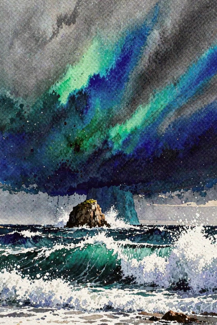 Watercolor seascape of crashing waves against a rock under vibrant green-blue aurora sky