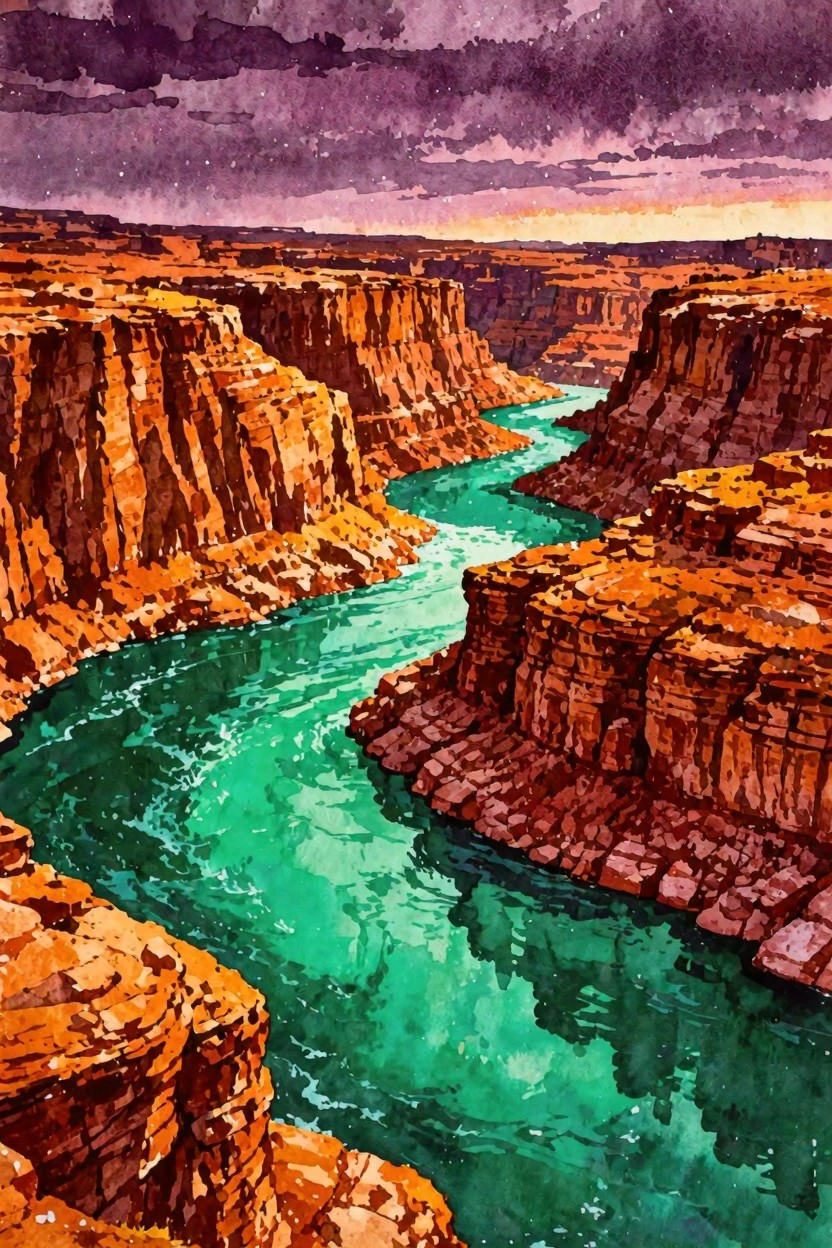 Watercolor of turquoise river winding through steep orange canyon cliffs under purple dusk sky
