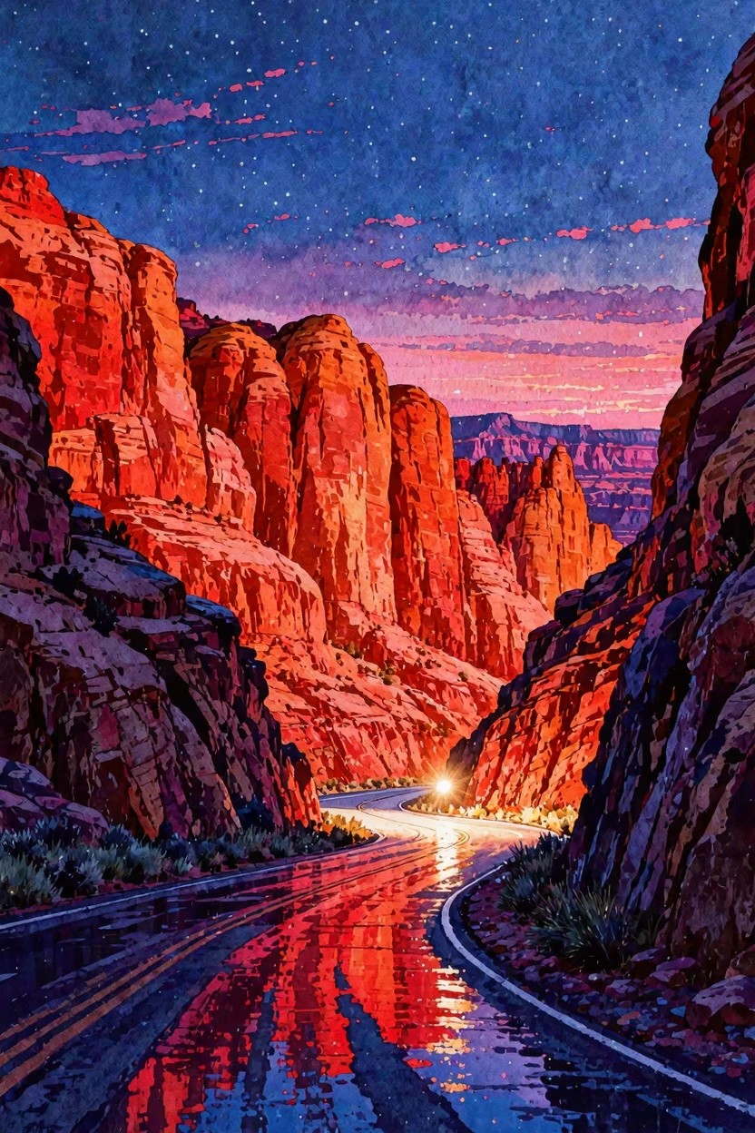 Winding wet road reflecting lights through glowing red rock canyon under starry sky