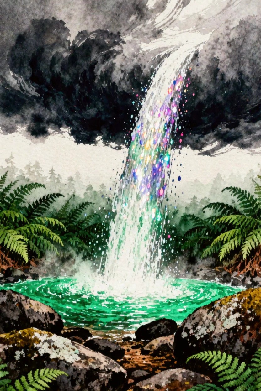 Vibrant watercolor of rainbow waterfall cascading into emerald pool amid ferns and rocks.