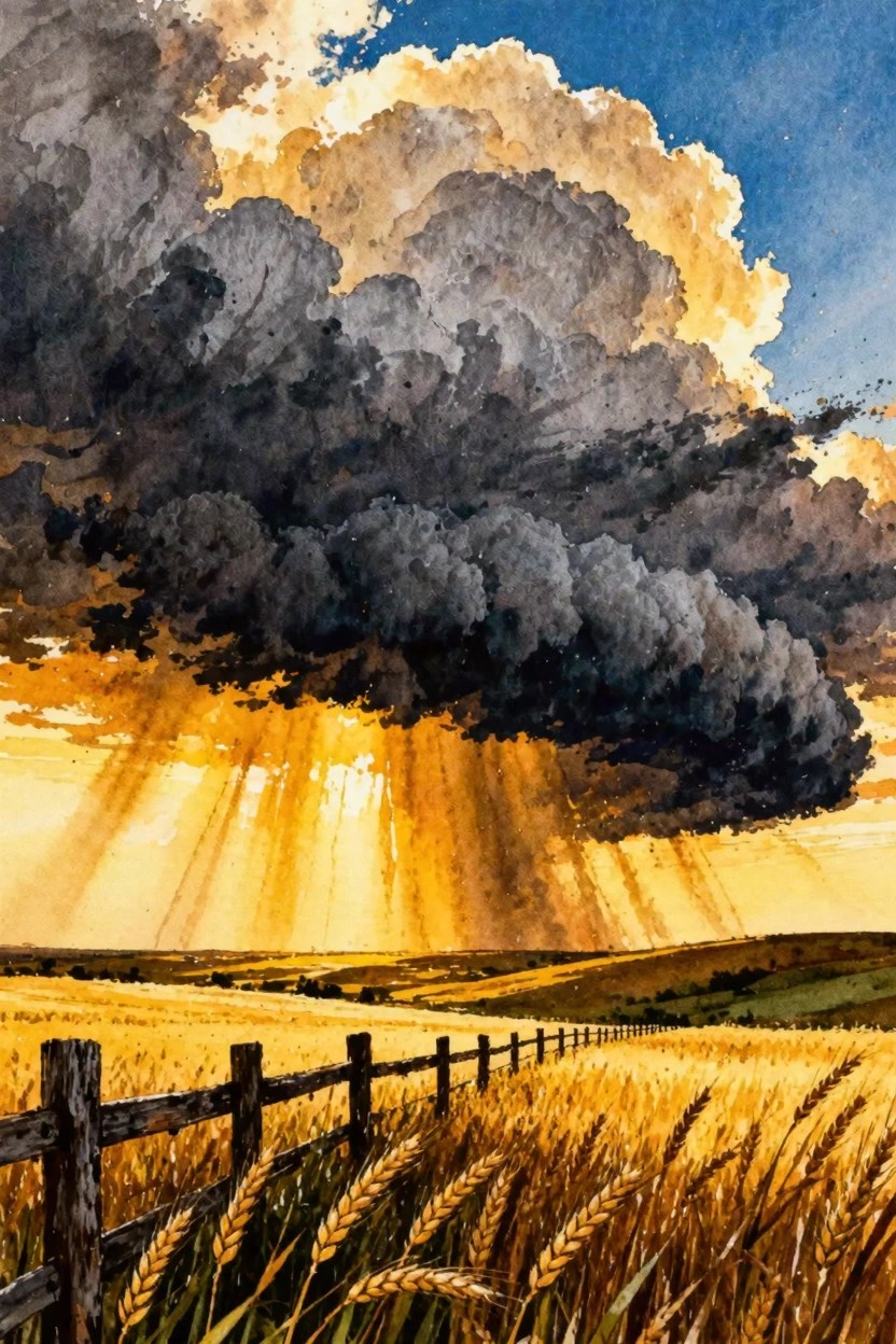 Watercolor of golden wheat field, wooden fence, and stormy clouds with sun rays.