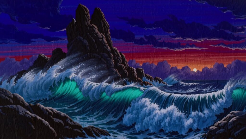25 Moody Landscape Painting Ideas in Deep Cinematic Colors A painting of large waves crashing against black rocks under a purple sky with a bright red streak and a small light on the horizon.