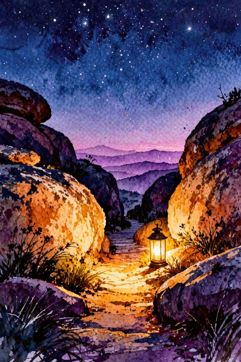 Watercolor of glowing lantern on starry night path winding between rocky mountains.