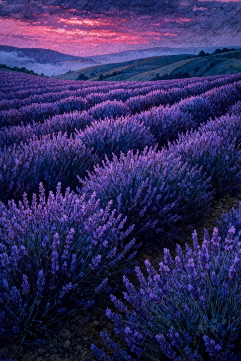 A vast field of purple lavender bushes stretches into the distance under a pink and purple sunset sky with rolling hills in the background.