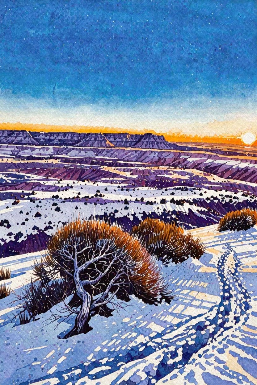 Watercolor of snowy canyon landscape at sunset with brown shrubs and winding path.