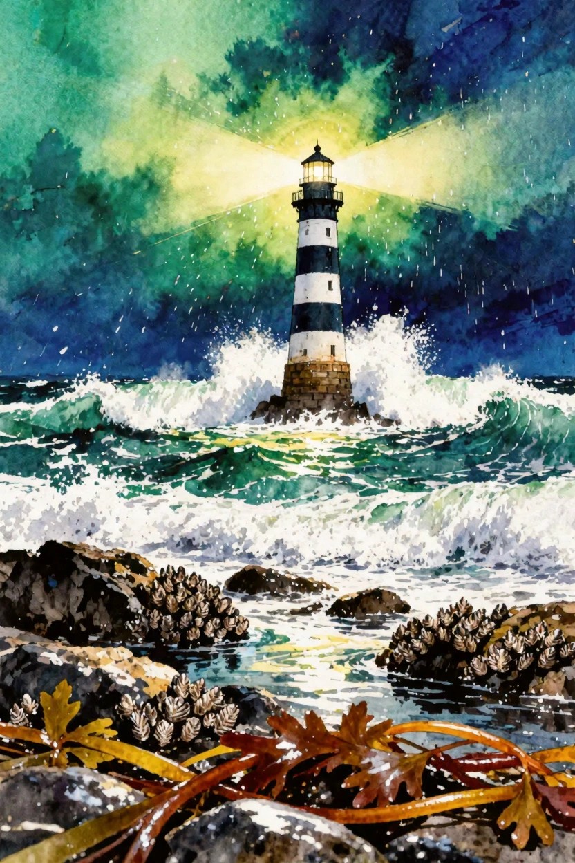 Watercolor of striped lighthouse beaming light through stormy waves crashing on rocky shore.