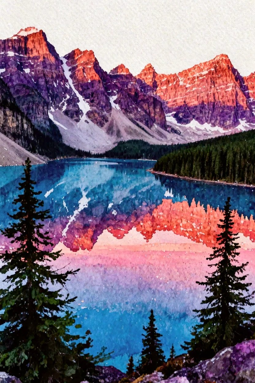 Vibrant watercolor of purple mountains reflected in turquoise lake with pine trees at sunset.