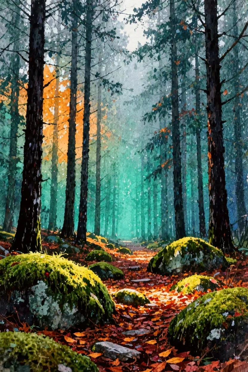 Misty autumn forest path with tall trees and vibrant moss-covered rocks.
