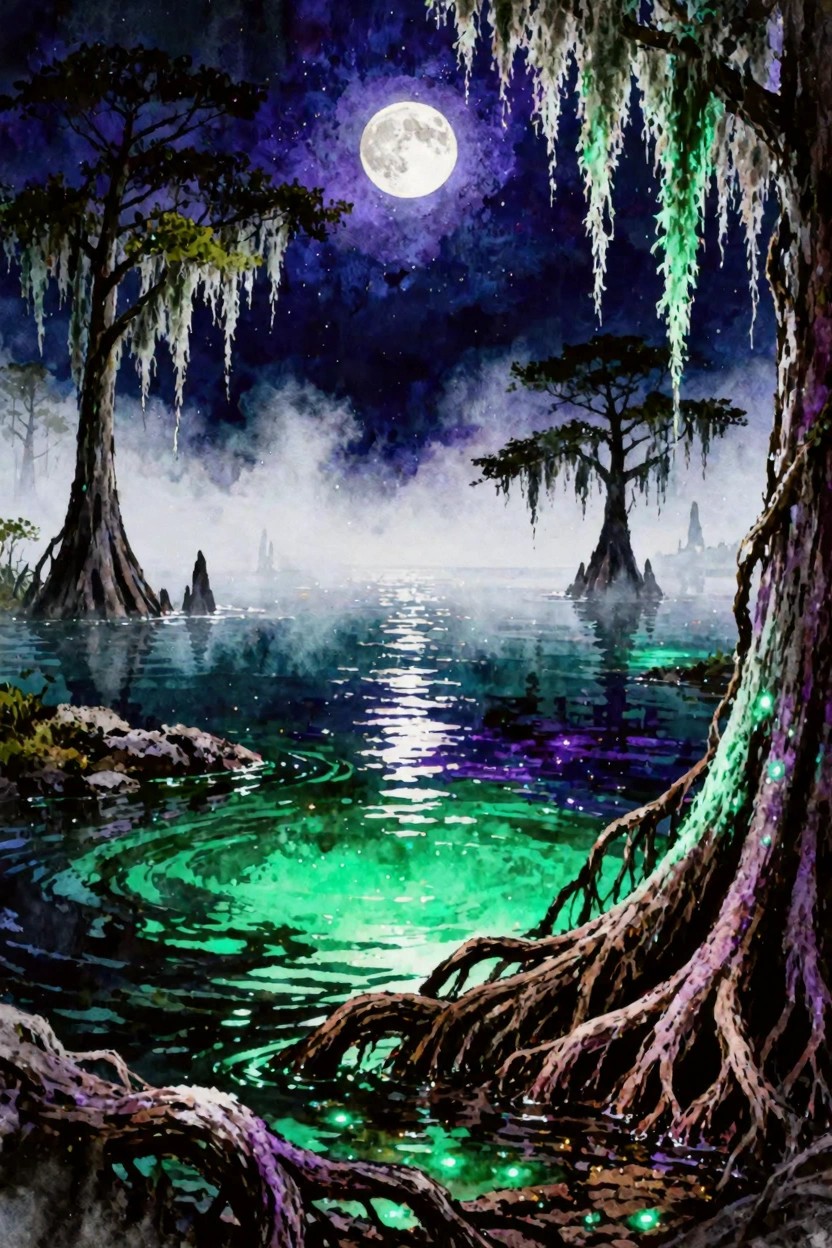 Moonlit swamp with glowing green waters, mossy trees, and starry purple sky