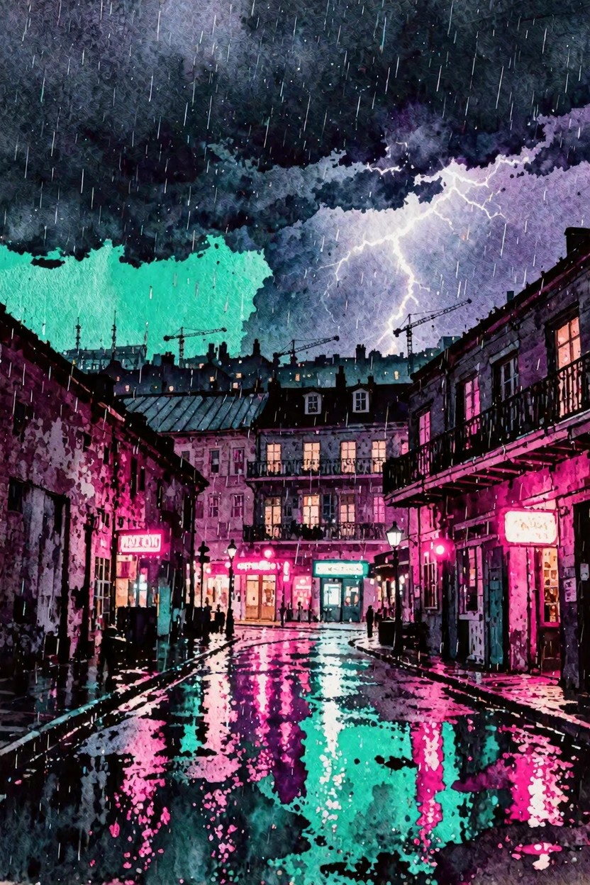 Neon-lit rainy street at night under stormy sky with lightning in watercolor style