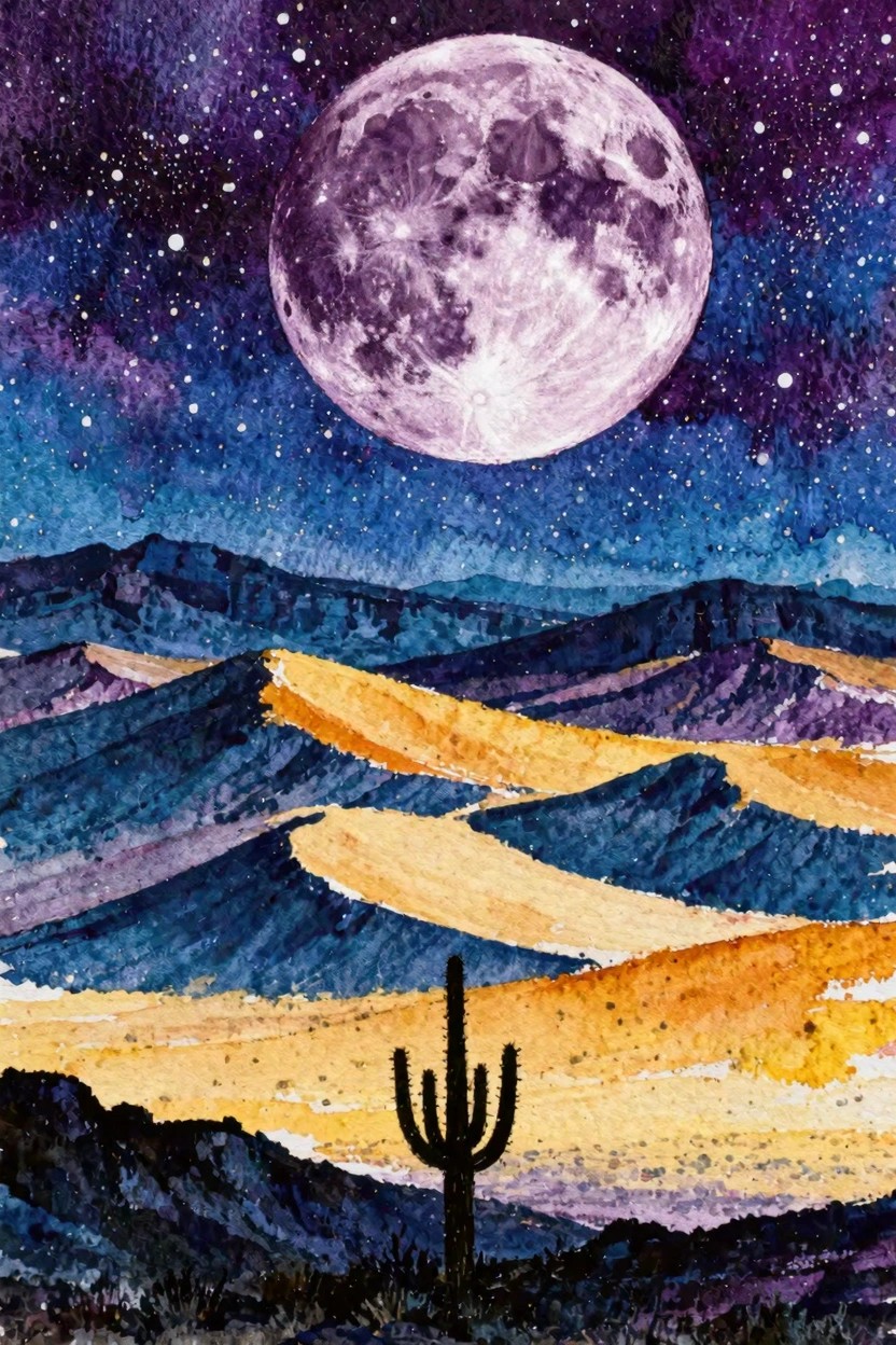 A watercolor landscape shows a large full moon in a starry blue-purple sky above layered mountains and yellow sand dunes with a black cactus silhouette in the foreground.