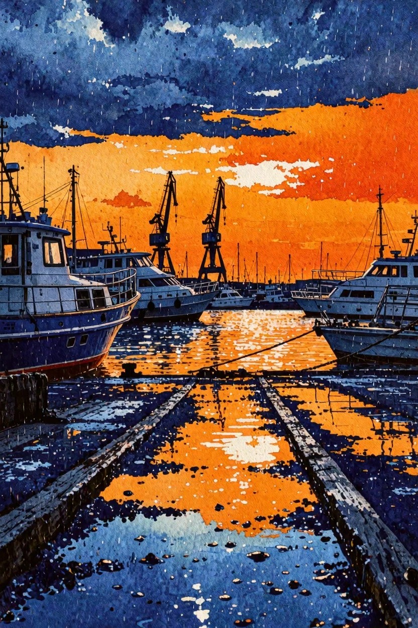 Watercolor of boats and cranes in rainy harbor under vibrant orange-blue sunset sky