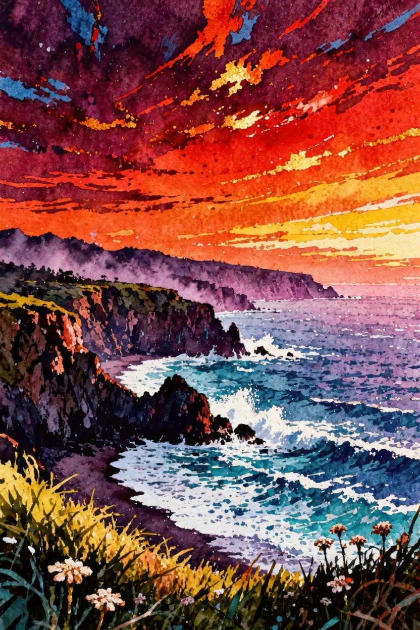 Vibrant watercolor sunset over ocean with crashing waves and rocky cliffs.