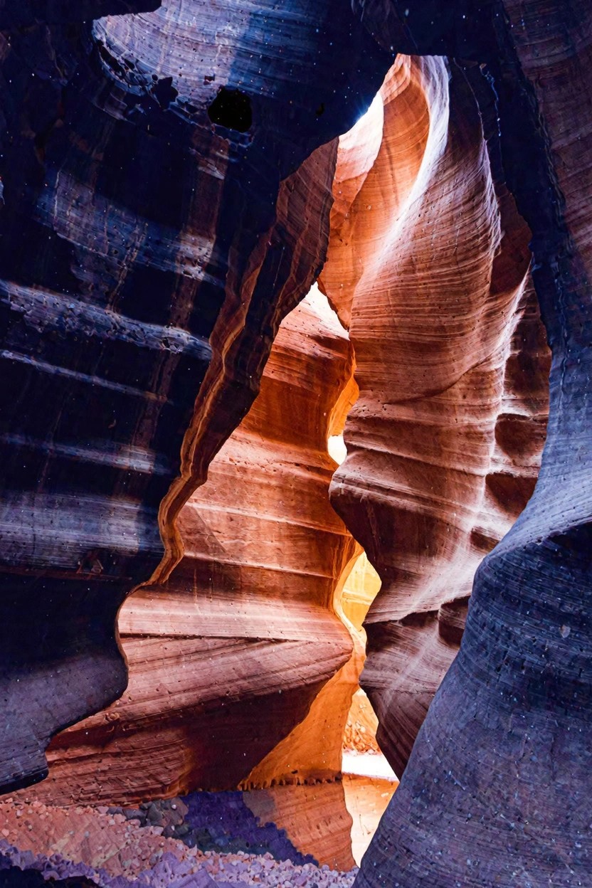 Twisting red sandstone walls in a narrow canyon lit by sunlight beams
