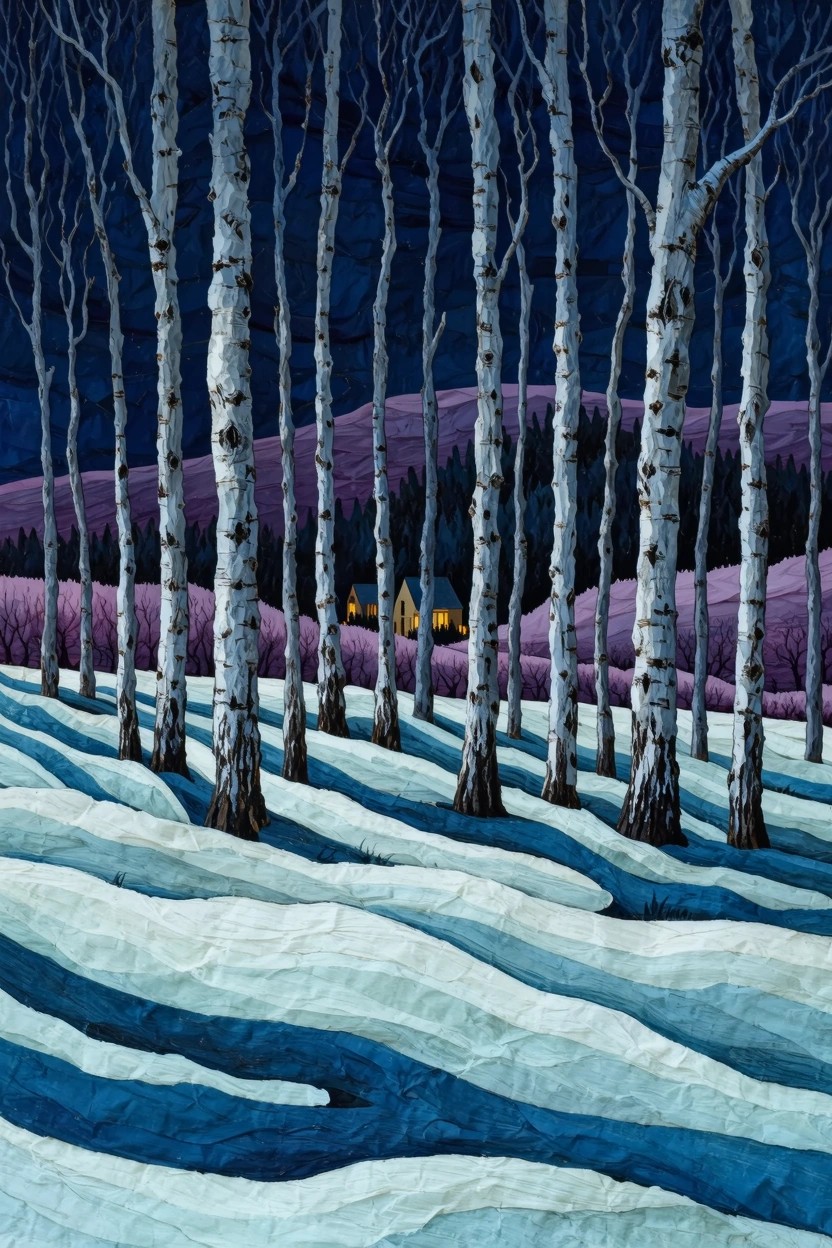 Tall white birches in swirling blue snow lead to glowing house amid purple hills.
