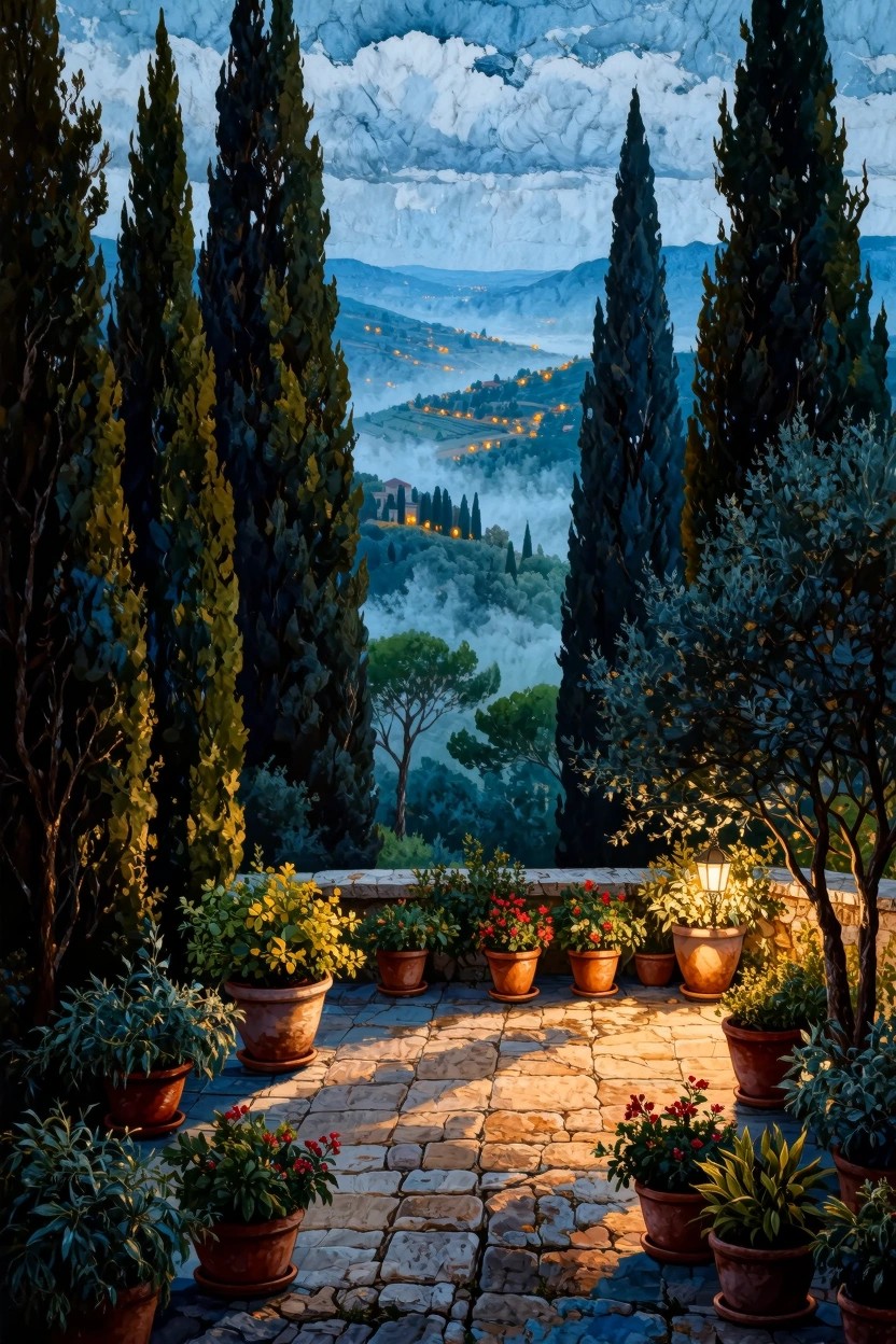 A stone terrace lined with potted plants and flowers overlooks misty hills with distant glowing lights, framed by tall cypress trees under a cloudy sky.