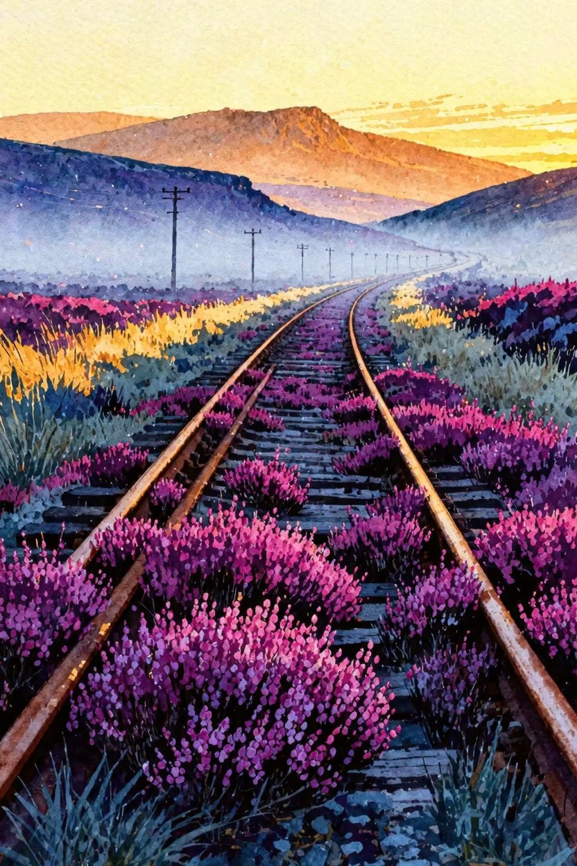 Curving railroad tracks lined with vibrant purple flowers amid misty hills at sunset