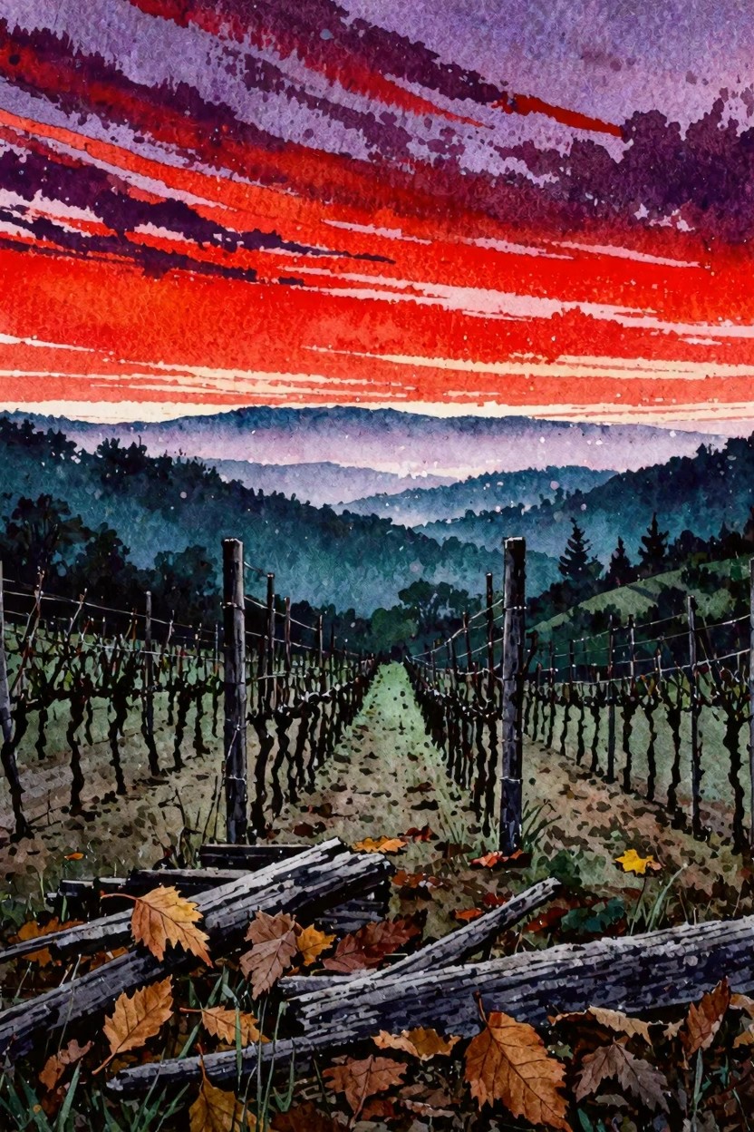 Vibrant watercolor vineyard at sunset with red sky, vine rows, and autumn leaves