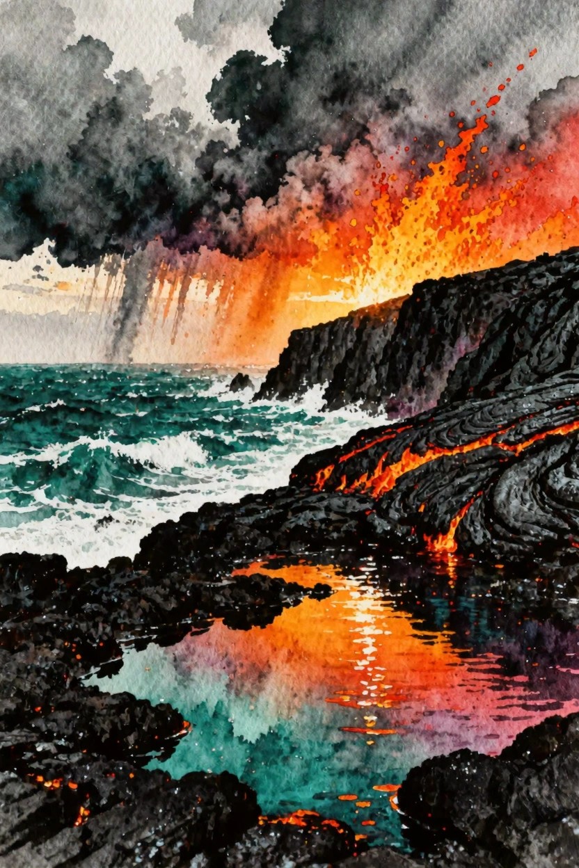 Watercolor of glowing lava on dark rocks, turquoise waves, and fiery stormy sky.