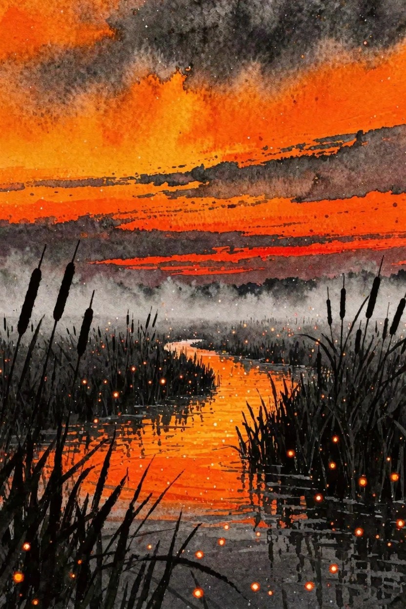 Watercolor sunset over winding river with silhouetted reeds and glowing fireflies
