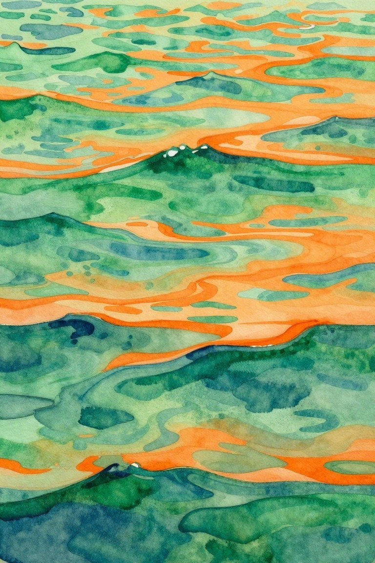 Abstract watercolor of swirling waves in green, blue, and orange hues.