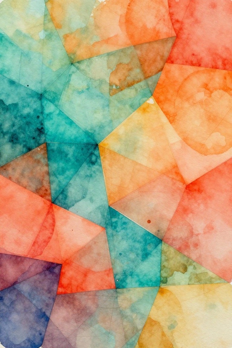 Abstract watercolor mosaic of overlapping translucent polygons in teal, orange, and red tones.