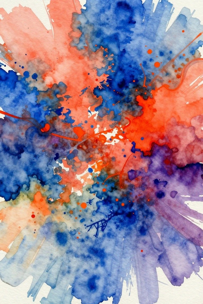 Abstract watercolor painting with blue, red-orange, and purple splashes and splatters radiating from the center on white paper.
