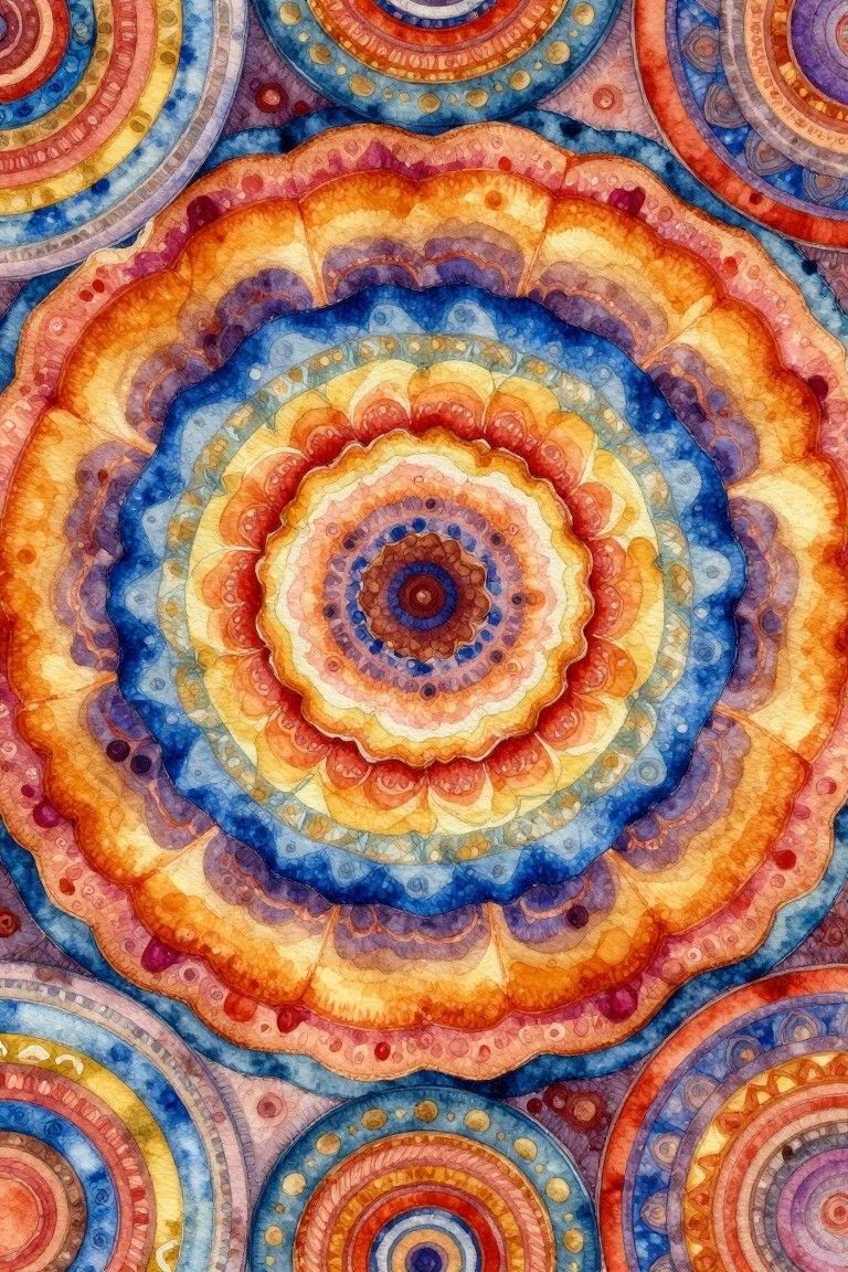 Vibrant watercolor mandala with scalloped concentric circles in blue, orange, and yellow