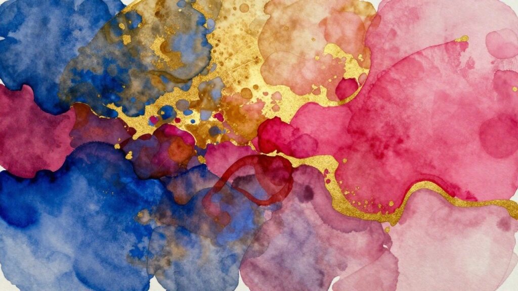 Abstract watercolor in blues, reds, purples with metallic gold veins and splatters.