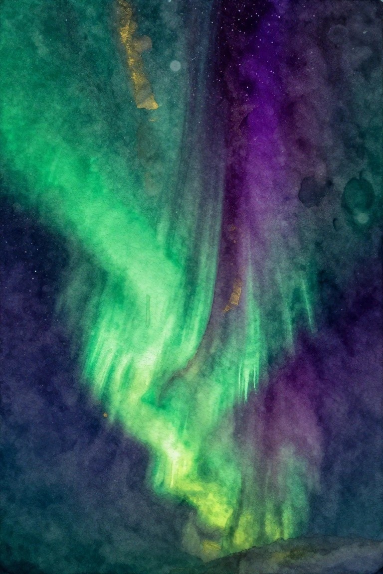 Watercolor-style abstract painting with flowing green and purple vertical streaks against a dark starry background.