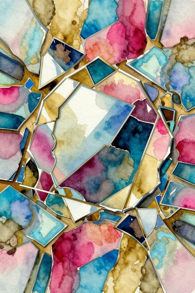 Abstract painting of irregular angular fragments in watercolor blues, pinks, purples, and browns divided by thin gold lines.