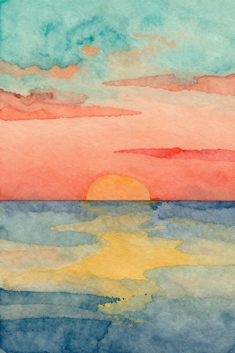 Watercolor sunset with orange sun over pink sky and blue-yellow ocean reflections.