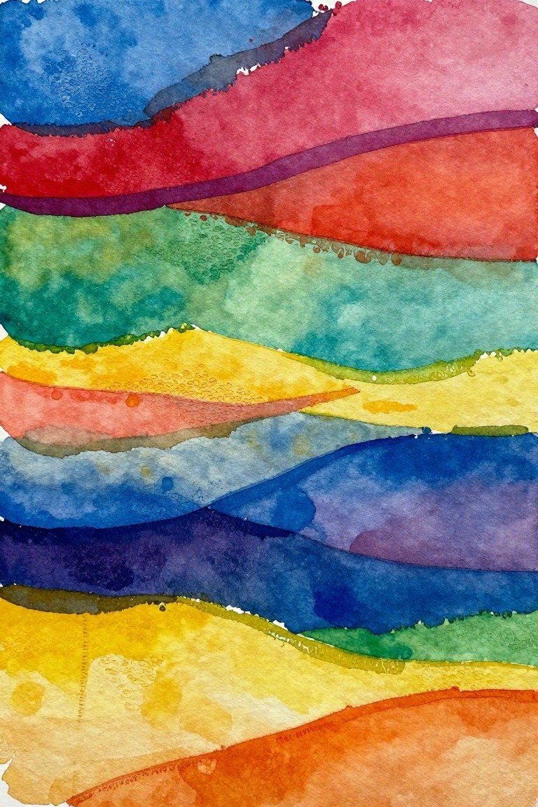 Abstract watercolor with wavy horizontal layers of vibrant blue, red, green, and yellow hues.
