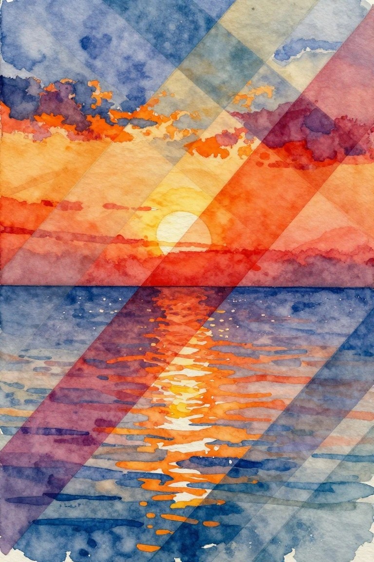 Vibrant watercolor sunset over water with glowing reflection and diagonal color bands