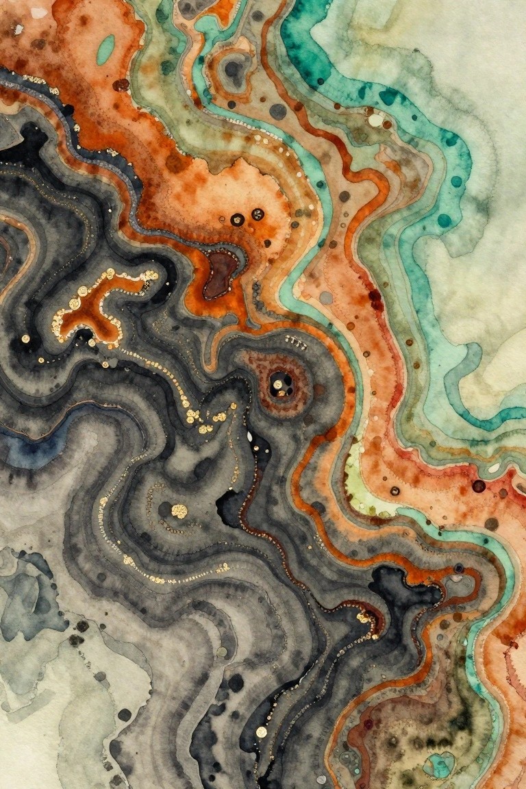 Abstract watercolor painting with winding layers of orange, teal, black and gray separated by dotted gold lines on a pale background.