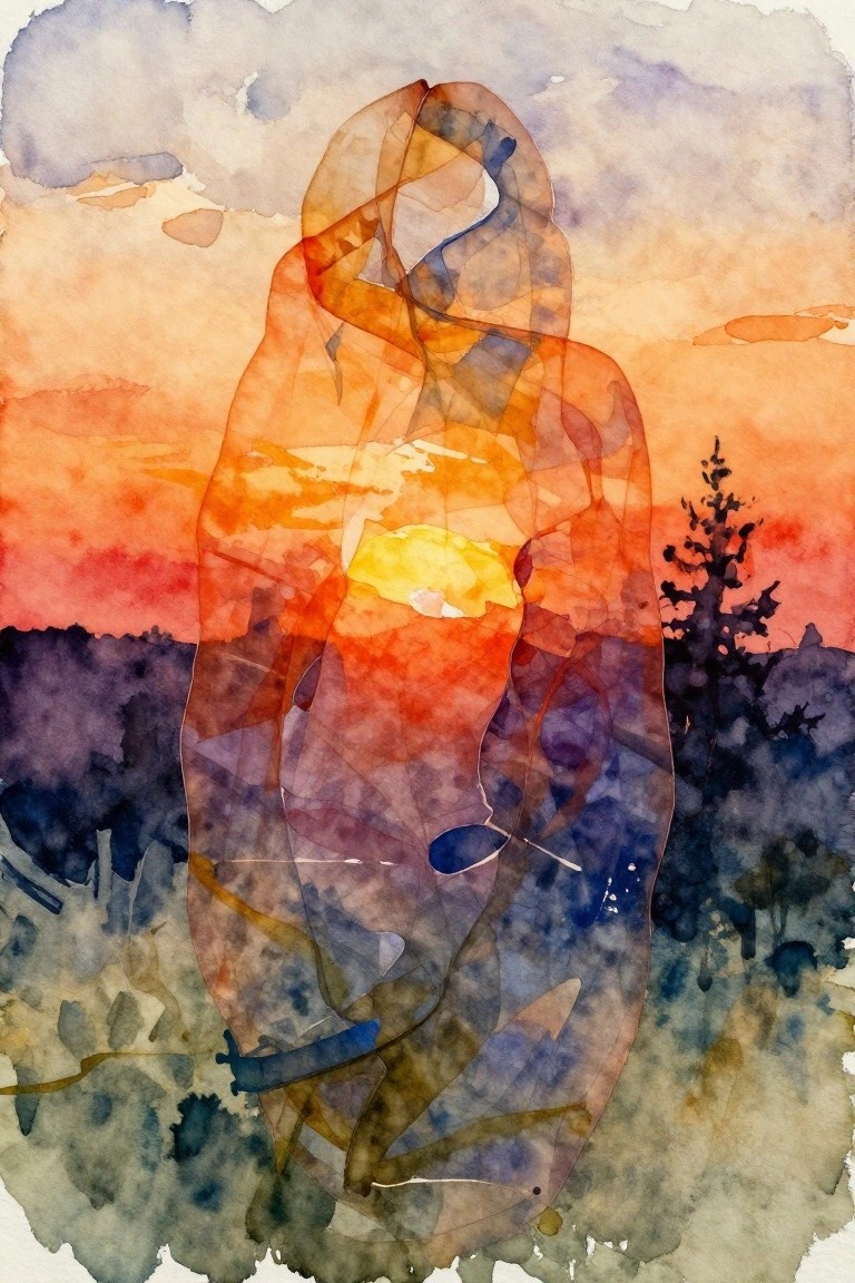 A watercolor-style painting of a hooded figure made from overlapping translucent shapes with a sunset landscape visible through the layers.