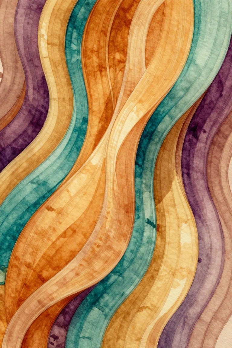Flowing wavy lines in teal, orange, purple, and brown watercolor hues.