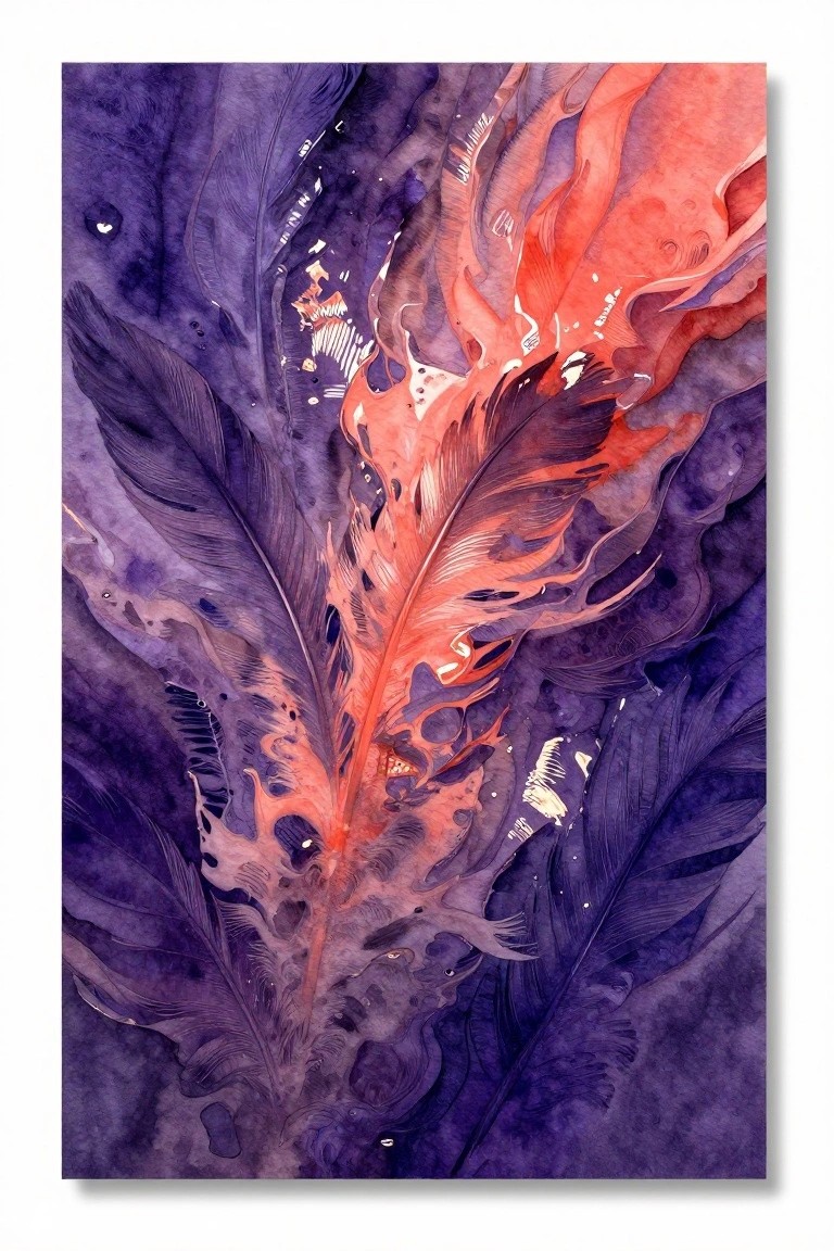 A painting of overlapping feathers in dark purple and bright orange-red watercolor tones on a textured background.